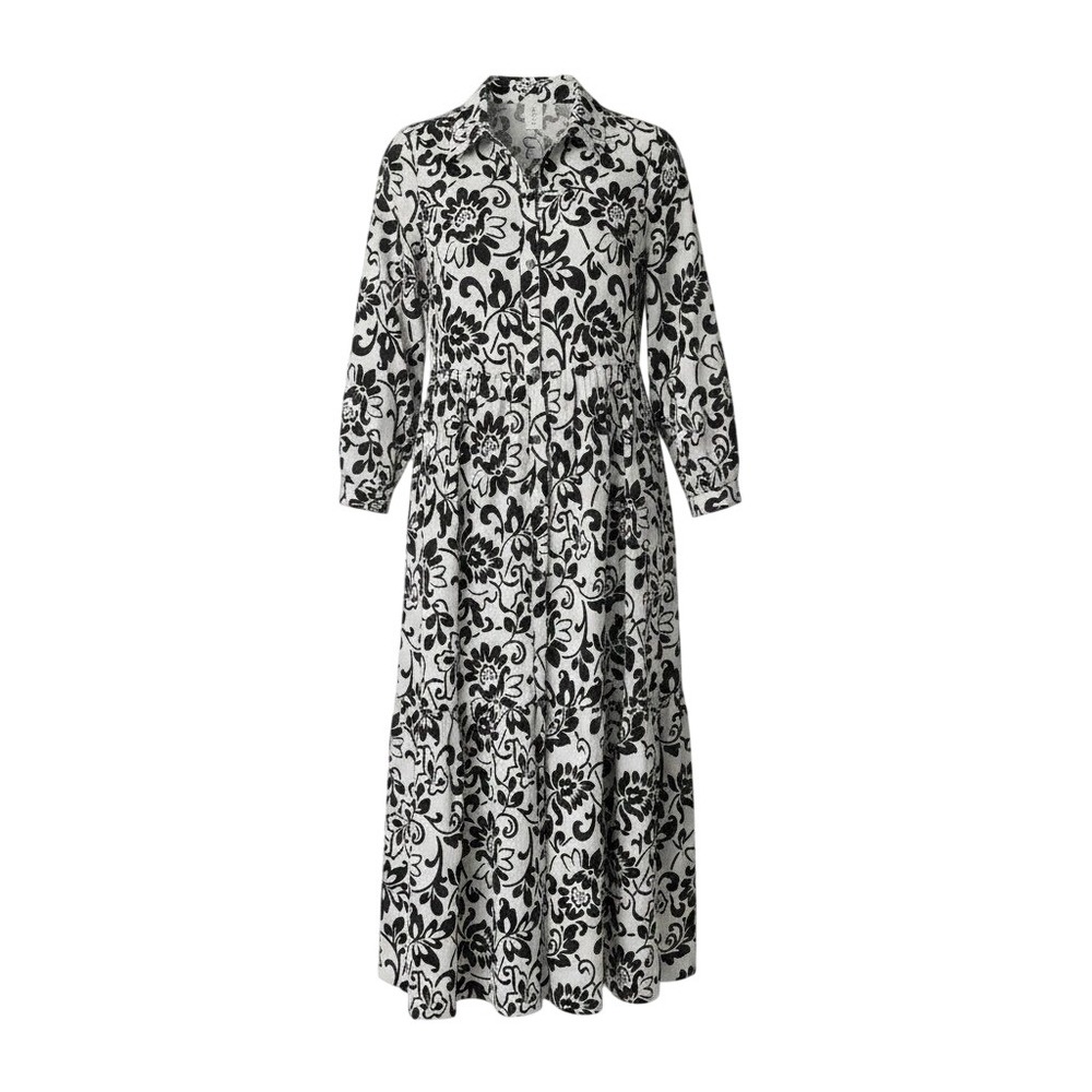 Joie Black White Floral Tiered Midi Shirt Dress Preppy Cottage M "3/4 Sleeve"